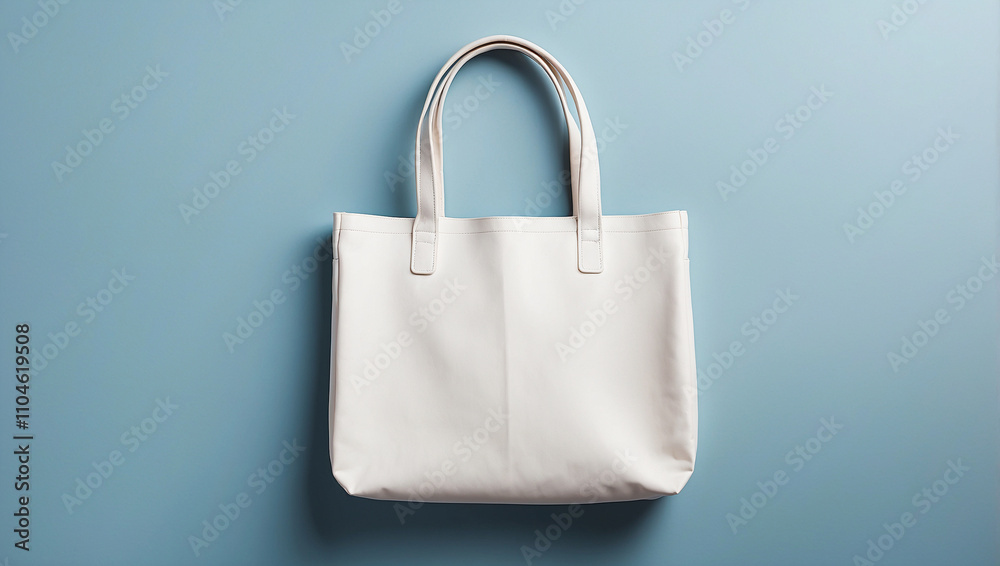 A minimalistic and elegant photo of a plain white tote bag mock up on blue background A minimalistic and elegant photo of a plain white tote bag mock up on blue background