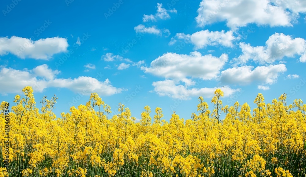 Vibrant yellow rapeseed field panorama under blue sky with scattered clouds Vibrant yellow rapeseed field panorama under blue sky with scattered clouds