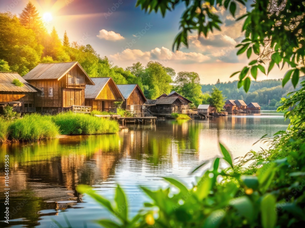 Fototapeta premium Serene Nature Scene with Wooden Houses by the River, Bokeh Effect, Tranquil Landscape Photography, Scenic Waterfront Views, Eco-Friendly Living, Rustic Homes near Water