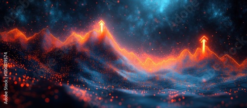 Abstract graphic of orange glowing arrow rising over mountains of particles and blue nebula.