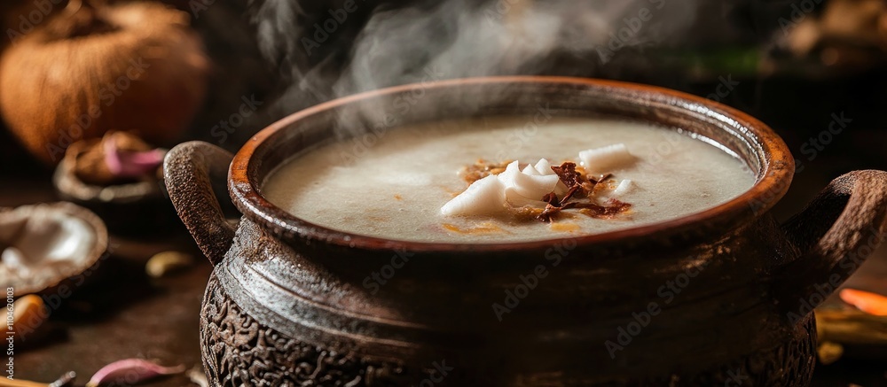 Durian soup being cooked in a traditional clay pot, steam rising, ingredients like coconut and spices visible around, kitchen setting Durian soup being cooked in a traditional clay pot, steam rising, ingredients like coconut and spices visible around, kitchen setting