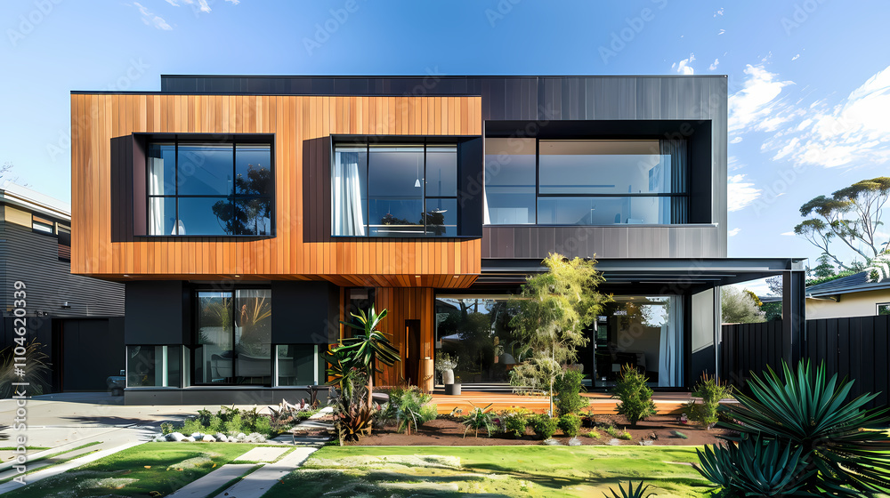 Modern Architectural Masterpiece: A contemporary home showcasing sleek lines and contrasting textures - wood and metal - stands proud against a backdrop of lush landscaping and vibrant blue skies. Modern Architectural Masterpiece: A contemporary home showcasing sleek lines and contrasting textures - wood and metal - stands proud against a backdrop of lush landscaping and vibrant blue skies.
