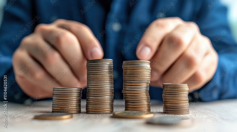A person is stacking coins into different heights, representing savings and financial growth. A person is stacking coins into different heights, representing savings and financial growth.
