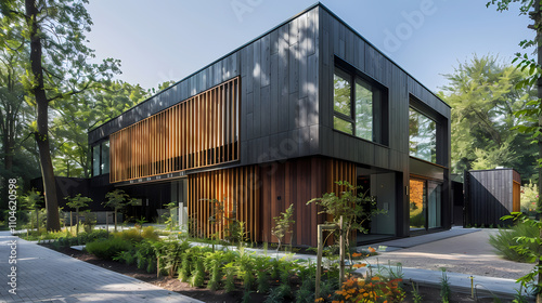 Modern Wood and Black House: A stunning contemporary house featuring a sleek black exterior contrasted with warm wood panels, nestled amongst lush greenery.