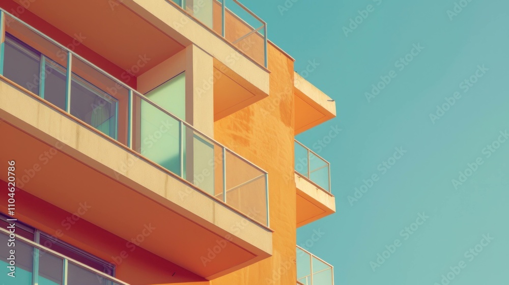 Modern residential building with colorful facade and glass balconies against a clear blue sky, showcasing contemporary architecture and design elements. Modern residential building with colorful facade and glass balconies against a clear blue sky, showcasing contemporary architecture and design elements.