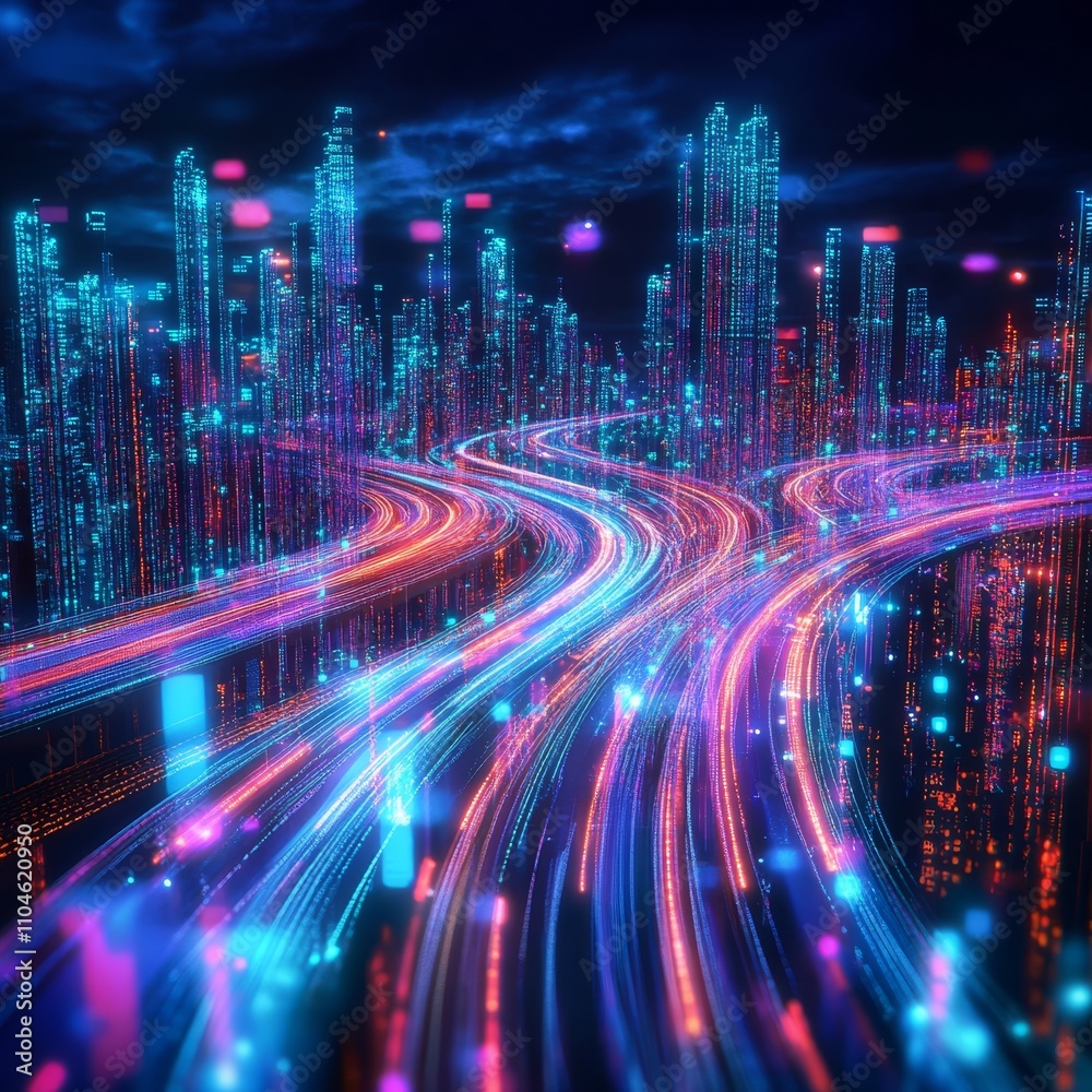 Vibrant Cityscape with Light Trails and Neon Glow at Night Vibrant Cityscape with Light Trails and Neon Glow at Night