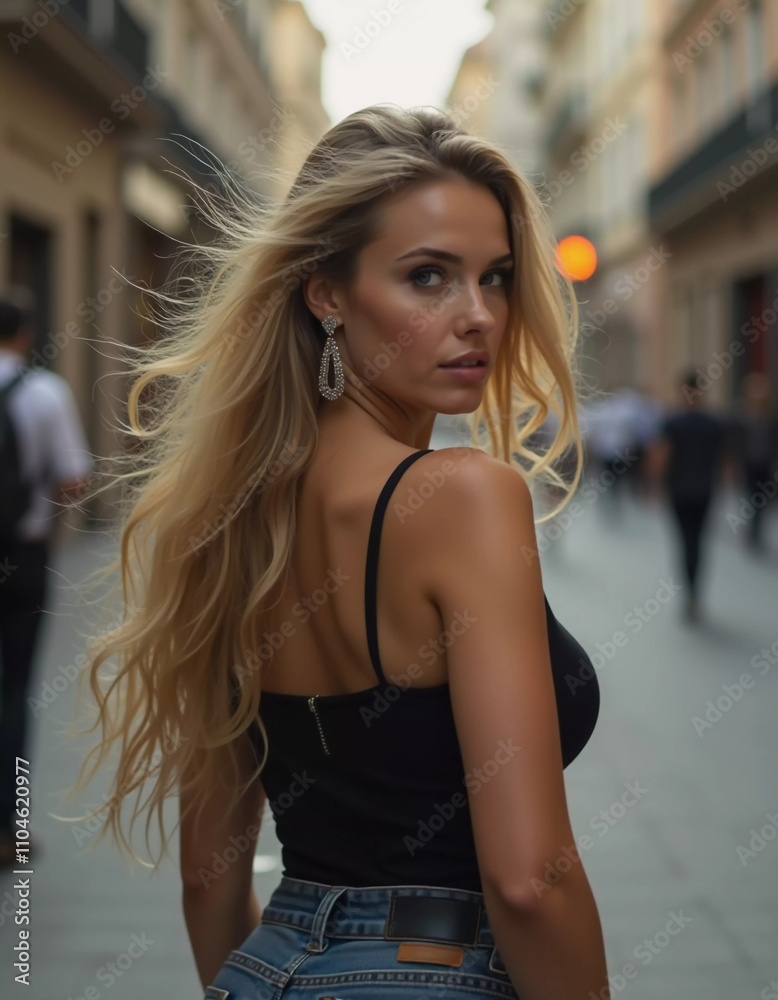 A blond young sexy woman with long hair strolls along a lively city street. Her confident demeanor blends well with the vibrant urban atmosphere, highlighting her fashionable look. Generative AI. A blond young sexy woman with long hair strolls along a lively city street. Her confident demeanor blends well with the vibrant urban atmosphere, highlighting her fashionable look. Generative AI.