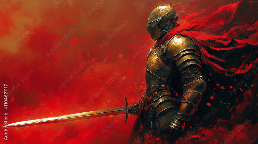 A knight in golden armor, draped in a tattered red cape, stands poised in a fiery crimson haze, wielding a radiant sword of resolve. A knight in golden armor, draped in a tattered red cape, stands poised in a fiery crimson haze, wielding a radiant sword of resolve.