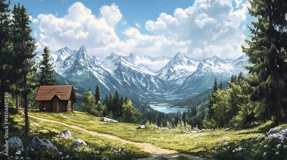 Scenic mountain cabin overlooking lake and valley.