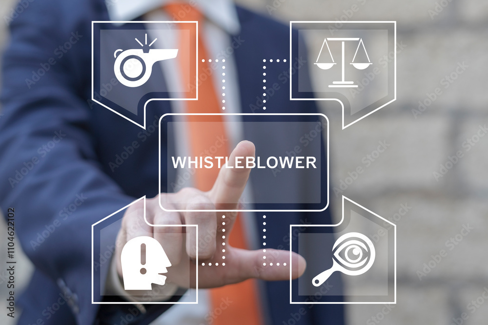 Man using virtual touch screen presses word: WHISTLEBLOWER. Business whistleblower the misconduct inside person to illegally disclose information to public concept. Businessman blowing the whistle.
