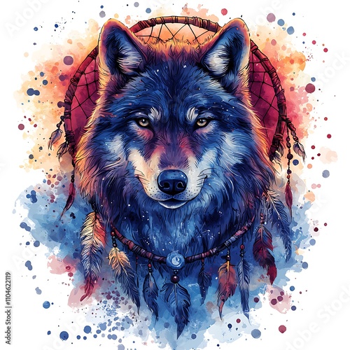 Majestic Watercolor Wolf Portrait with Dreamcatcher and Feathers. photo