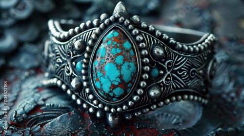 Turquoise Cuff Bracelet: A bold cuff featuring a vibrant turquoise stone, radiating bohemian elegance and adding a striking touch of color to any outfit.
 photo