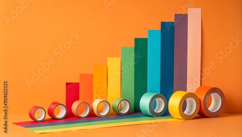 Big Data Visualization Concept - Bar Graph Made Of Colorful Duct Tapes On Orange Background stock photo