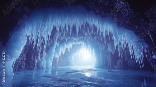 Stunning Ice Cave with Glacial Formations and Ethereal Light Features Dramatic Icicles and Reflective Surface in a Serene Wilderness Landscape