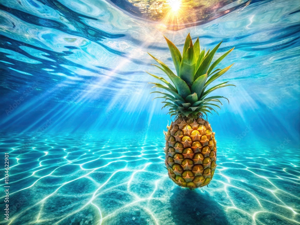 Tropical Pineapple Underwater in Crystal Clear Blue Summer Pool - Refreshing Summer Vibes, Exotic Fruit, and Tranquil Waterscape Tropical Pineapple Underwater in Crystal Clear Blue Summer Pool - Refreshing Summer Vibes, Exotic Fruit, and Tranquil Waterscape