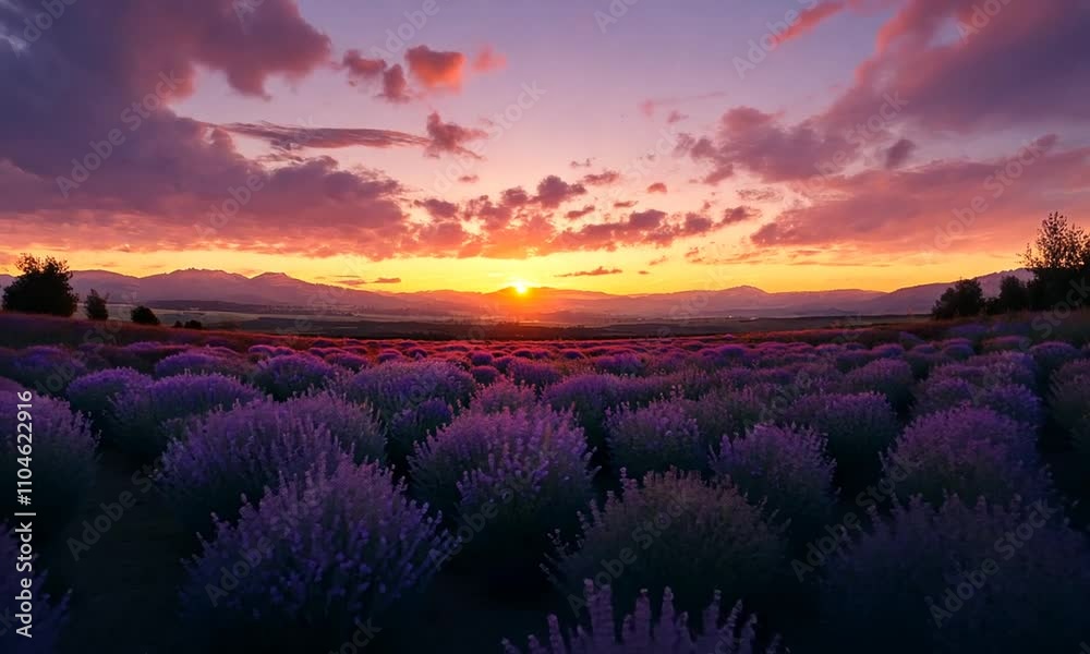 A vibrant sunset over a lavender field, showcasing nature's beauty and tranquility. A vibrant sunset over a lavender field, showcasing nature's beauty and tranquility.