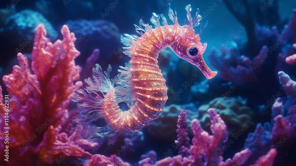 Luminous Seahorse in Vibrant Coral Reef Luminous Seahorse in Vibrant Coral Reef