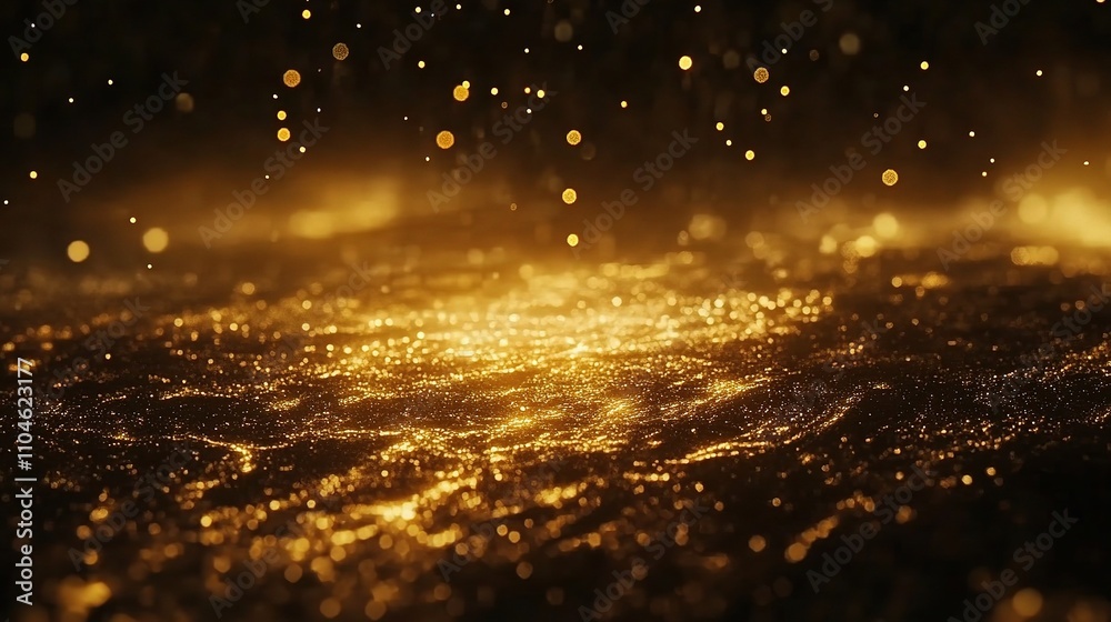 Naklejka premium Golden Sparkling Particles Over Dark Background in Soft Focus