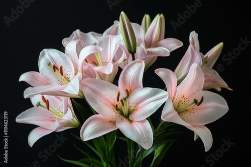 Pink lilies bouquet with delicate petals and vibrant colors, beautifully arranged against a dark background, showcasing elegance and grace in floral decor. photo