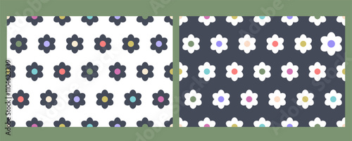 Flowers seamless pattern set. Cartoon outline template for decoration, wallpaper, textiles, printing, romantic art. Repeat background with cute simple floral elements. Holiday design. Vector
