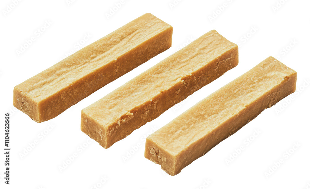 Fototapeta premium Three bars of a sweet, chewy candy are displayed, cut out - stock png.