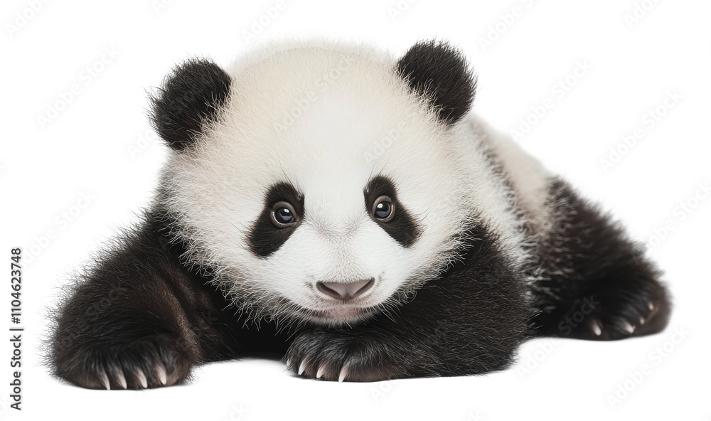 Naklejka premium Cute panda cub relaxing on a white background, cut out - stock png.