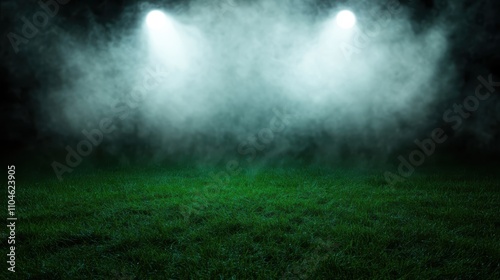 white spotlight and smoke on the green grass in the night 