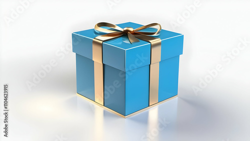 Blue gift box with gold ribbon on white background.