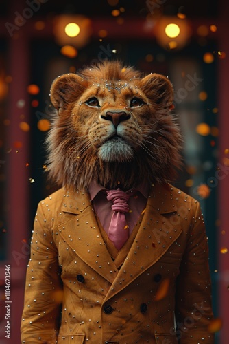 Majestic Lion in Stylish Orange Suit with Pink Tie Amidst Glittering Lights, Symbolizing Confidence and Royal Elegance in Surreal Urban Settinglion