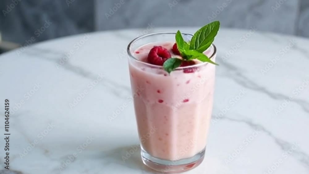 Three-quarter Angle Shot of Creamy Smoothie with Raspberries and Mint for Refreshing Drink Ads Three-quarter Angle Shot of Creamy Smoothie with Raspberries and Mint for Refreshing Drink Ads