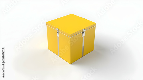 Yellow storage box with metal latches on white background.