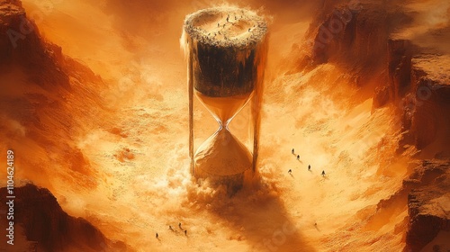 Surreal Landscape of a Giant Hourglass in a Desert, Dominated by Sand Dunes and Dust Storm, Evoking Themes of Time and Human Struggle Amidst the Elements photo