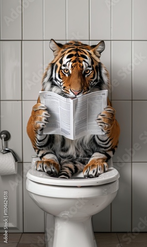 Humorous Image of a Bengal Tiger Sitting on a Toilet Reading a Newspaper in a Bathroom Setting