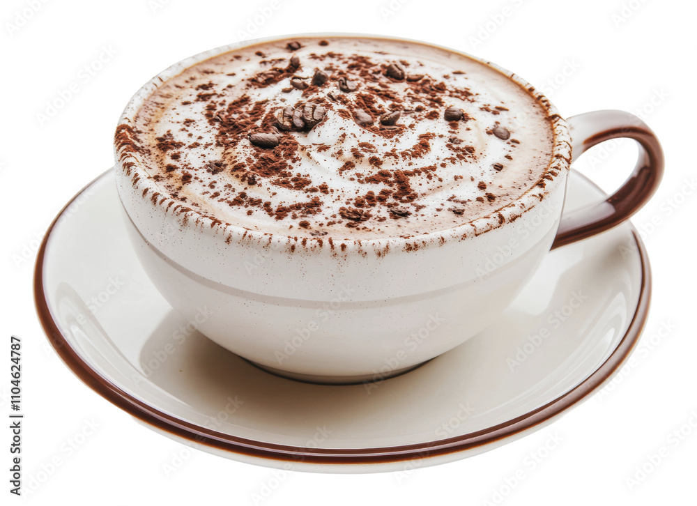 Delicious creamy hot chocolate in white mug, cut out - stock png. Delicious creamy hot chocolate in white mug, cut out - stock png.