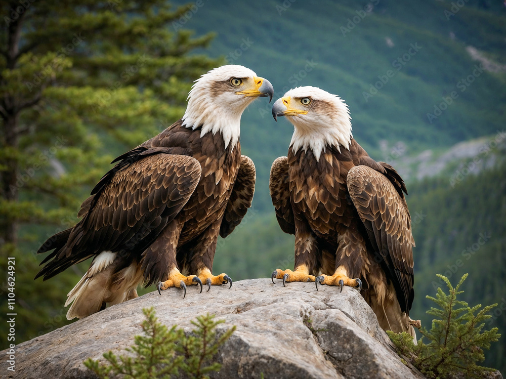 Obraz premium Golden Eagles Kings of the Sky, Golden Eagles Perched on a Cliff, Nature's Aerial Predators in Their Mountain Domain