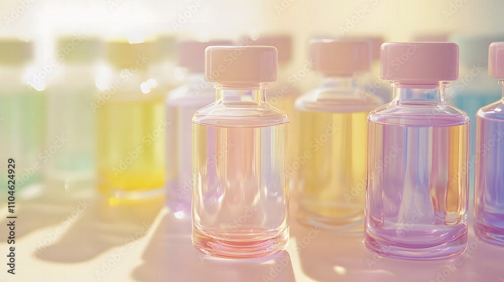 Colorful Glass Vials with Liquid Contents Reflecting Soft Light, Creating a Vibrant and Artistic Display of Various Colors and Textures in a Laboratory Setting Colorful Glass Vials with Liquid Contents Reflecting Soft Light, Creating a Vibrant and Artistic Display of Various Colors and Textures in a Laboratory Setting