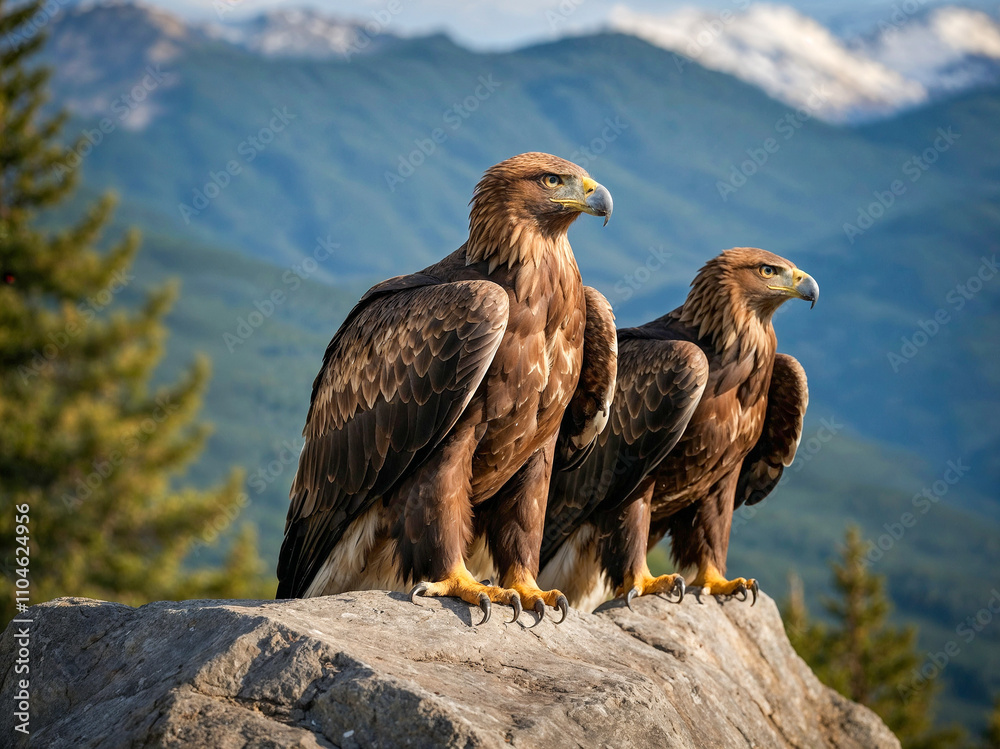 Fototapeta premium Golden Eagles Kings of the Sky, Golden Eagles Perched on a Cliff, Nature's Aerial Predators in Their Mountain Domain