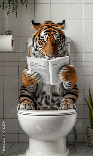 Funny Tiger Sitting on a Toilet Reading a Newspaper in a Tiled Bathroom with Plants