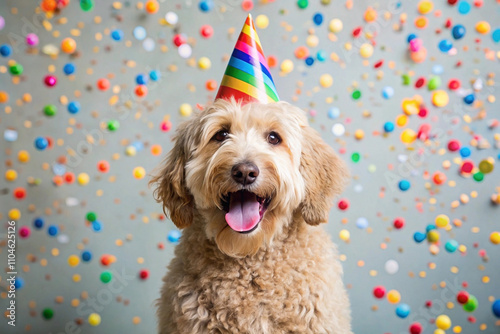 Happy dog wearing a rainbow party hat against a confetti background.