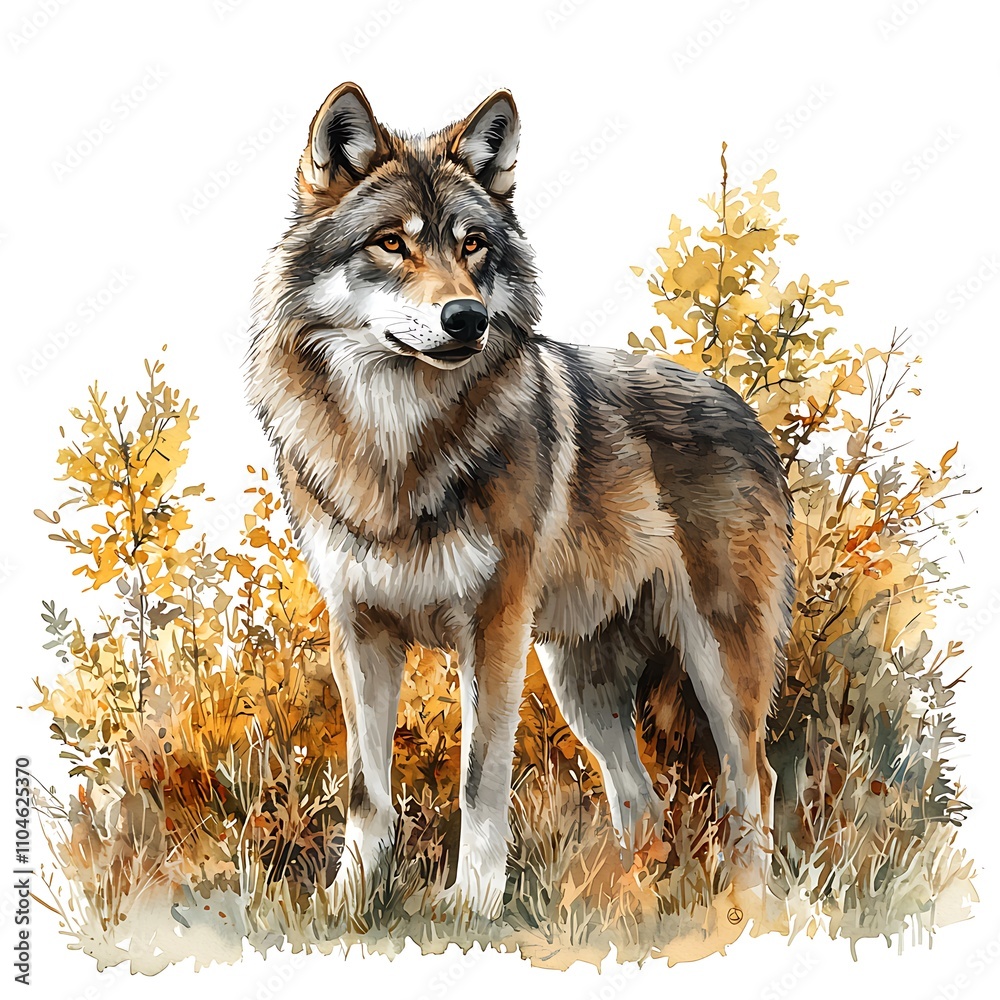 Majestic Gray Wolf in Autumnal Bush Watercolor Painting. Majestic Gray Wolf in Autumnal Bush Watercolor Painting.