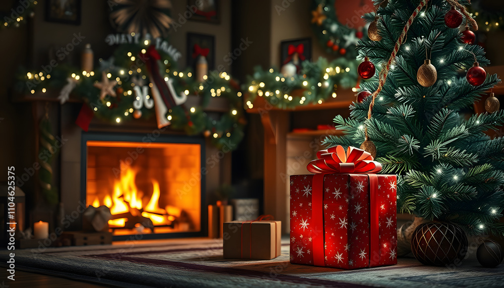 magic Christmas present at the Christmas tree and fireplace isolated with white highlights, png magic Christmas present at the Christmas tree and fireplace isolated with white highlights, png