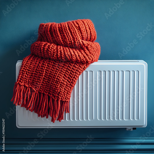 figure of house with warm scarf on electric convector heater near blue wall at home. heating saving concept with white shades, text area, png photo