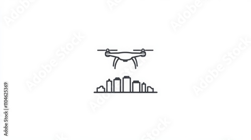 Aerial Drone Icon Over Urban Skyline with Modern Buildings Outline