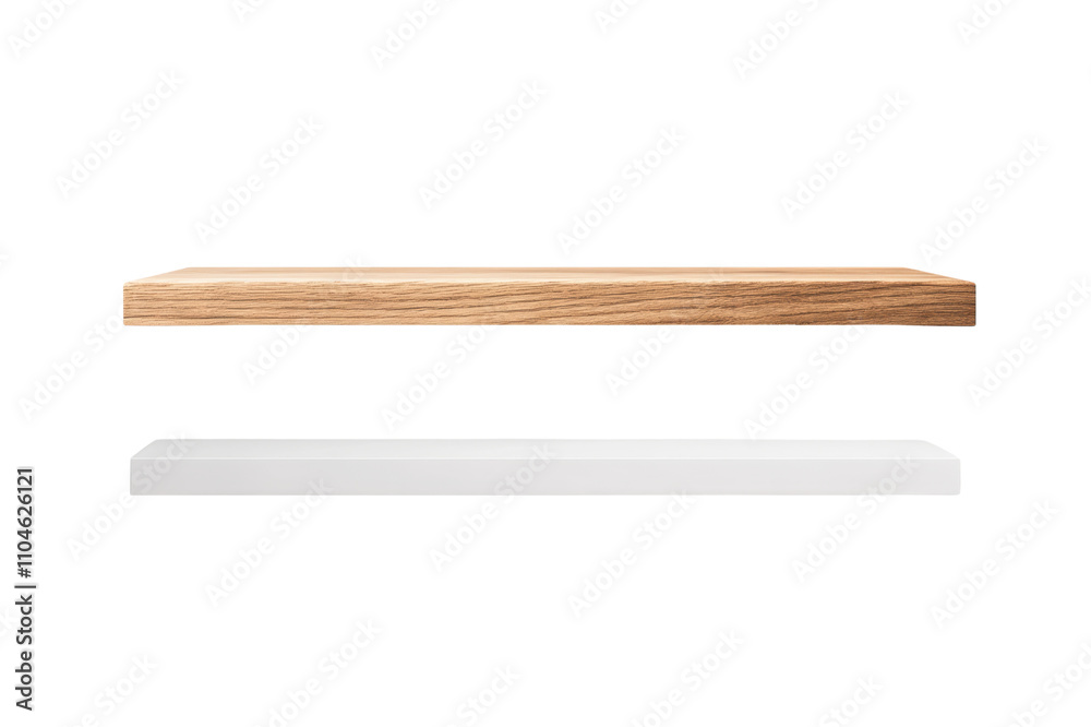 Natural wood and white floating shelves for modern decor transparent background. Natural wood and white floating shelves for modern decor transparent background.