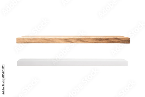 Natural wood and white floating shelves for modern decor transparent background. photo