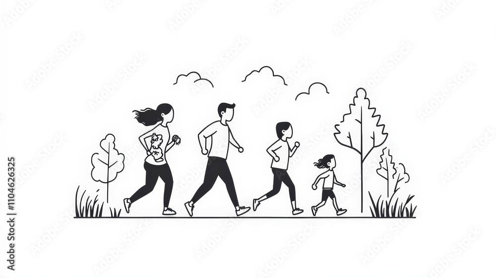 Family Running Together in Minimalist Black and White Illustration Family Running Together in Minimalist Black and White Illustration
