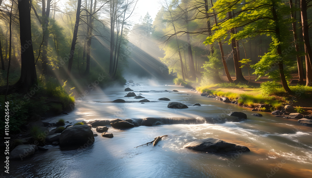 Misty wild river and magic light in the forest in spring isolated with white highlights, png Misty wild river and magic light in the forest in spring isolated with white highlights, png