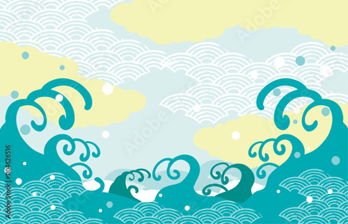 海　波のある和風背景イラスト