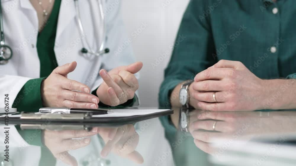 Doctor using hand gestures to explain diagnosis to patient during medical consultation, providing support and guidance for healthcare decisions Doctor using hand gestures to explain diagnosis to patient during medical consultation, providing support and guidance for healthcare decisions