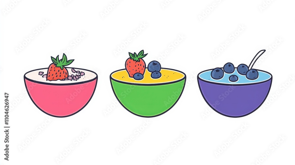 Colorful Cartoon Bowls of Yogurt with Berries and Fruits Colorful Cartoon Bowls of Yogurt with Berries and Fruits